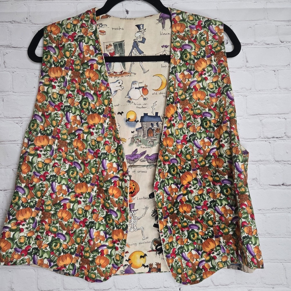 Vintage Handmade Halloween Fall Festival Reversible Vest One Size Pumpkin Cats